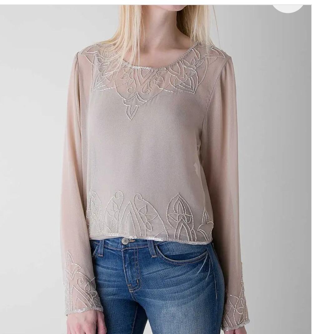 Gauze Split Back Cropped Top Layering Sheer Sequins Casual Dressy Women's Size S